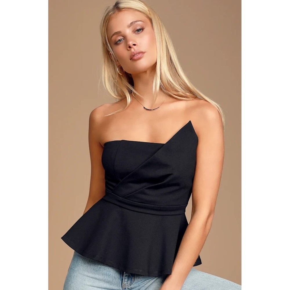 Lulus Bottle Service Black Strapless Peplum Top Size M Asymmetric Cocktail Night